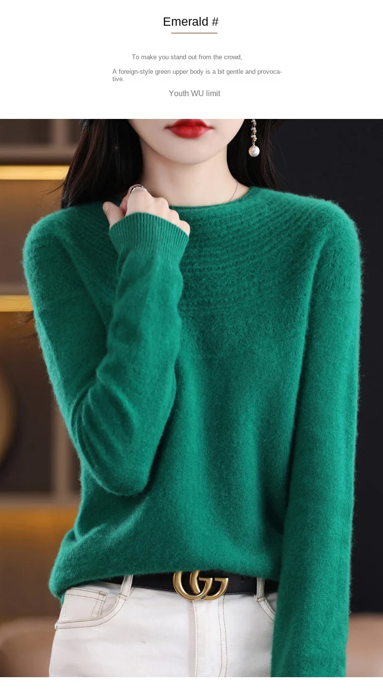 100% Merino Wool Knitted Sweater Autumn/Winter 2024 New Women's Round Neck Hollow Top 11 Color Pullover Versatile Coat NJR1107 RT220