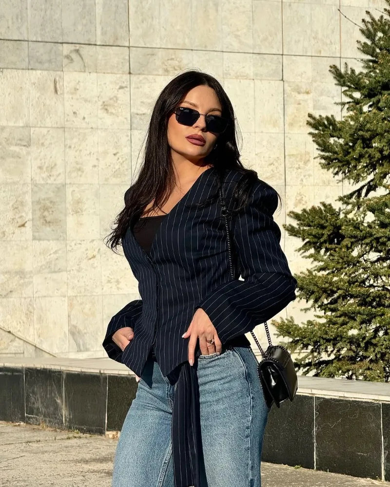 Trendix Elegant Blazer 2 Piece Sets Women V Neck Patchwork Scarf Lace Up Jackets Femme Bodycon Skirt And Commuting Blazers Suits RT220