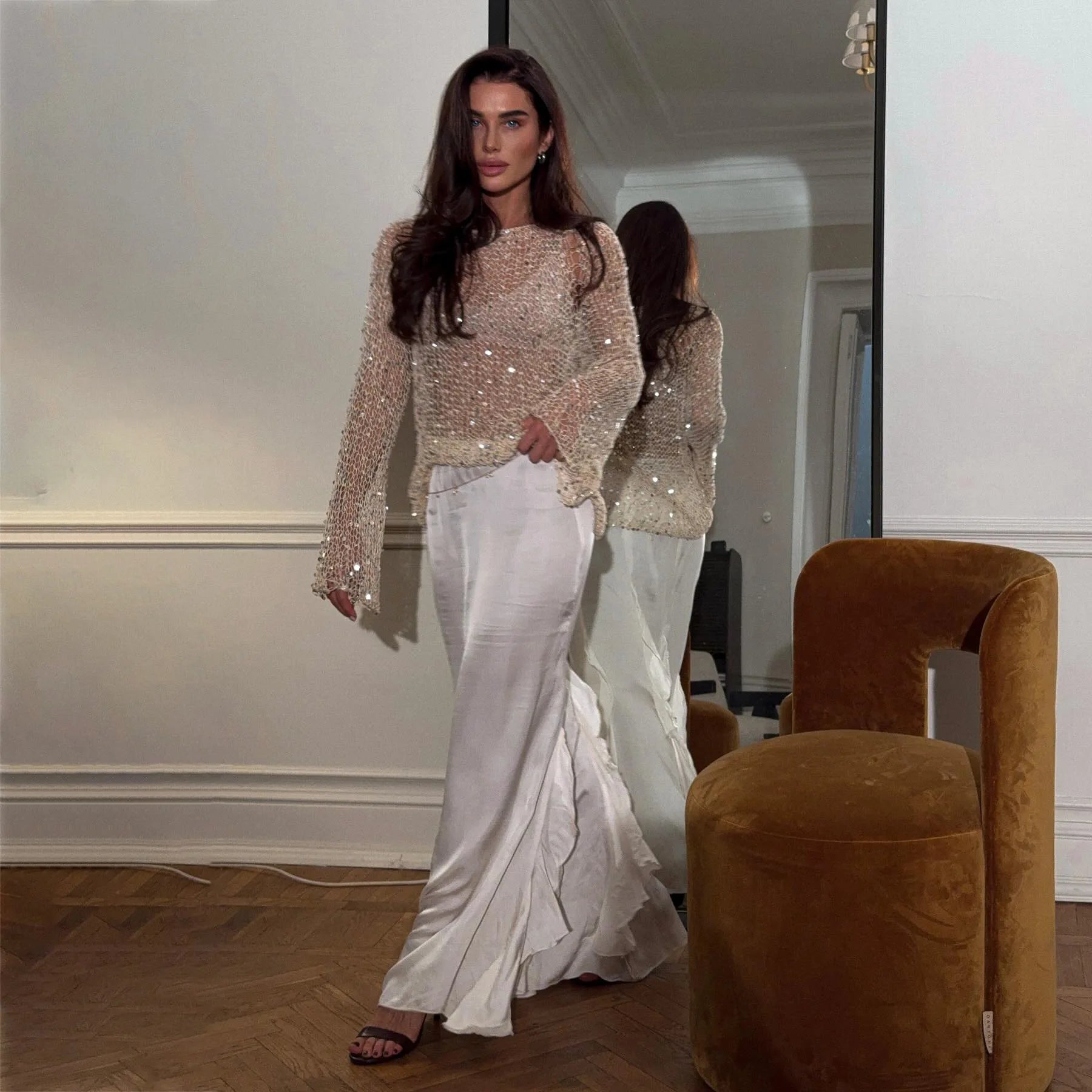 Sequined Knitting O-neck Pullover Women Elegant Hollow Out Design Long Sleeve 2025 Spring Evening Party Tops for Ladies RT220