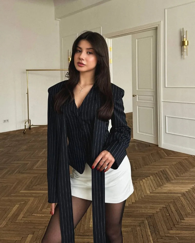 Trendix Elegant Blazer 2 Piece Sets Women V Neck Patchwork Scarf Lace Up Jackets Femme Bodycon Skirt And Commuting Blazers Suits RT220