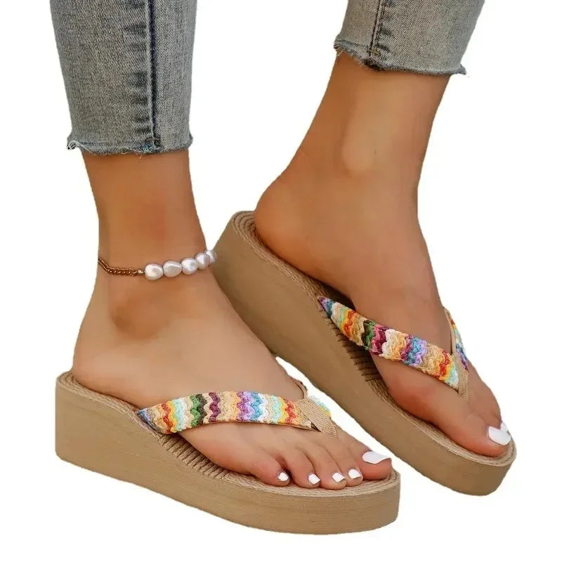 Summer Women's Slippers Wedge Thick Sole Women's Shoes Outdoor Beach Slippers Fashion Flip Flop Bohemian Style Sandals RT220