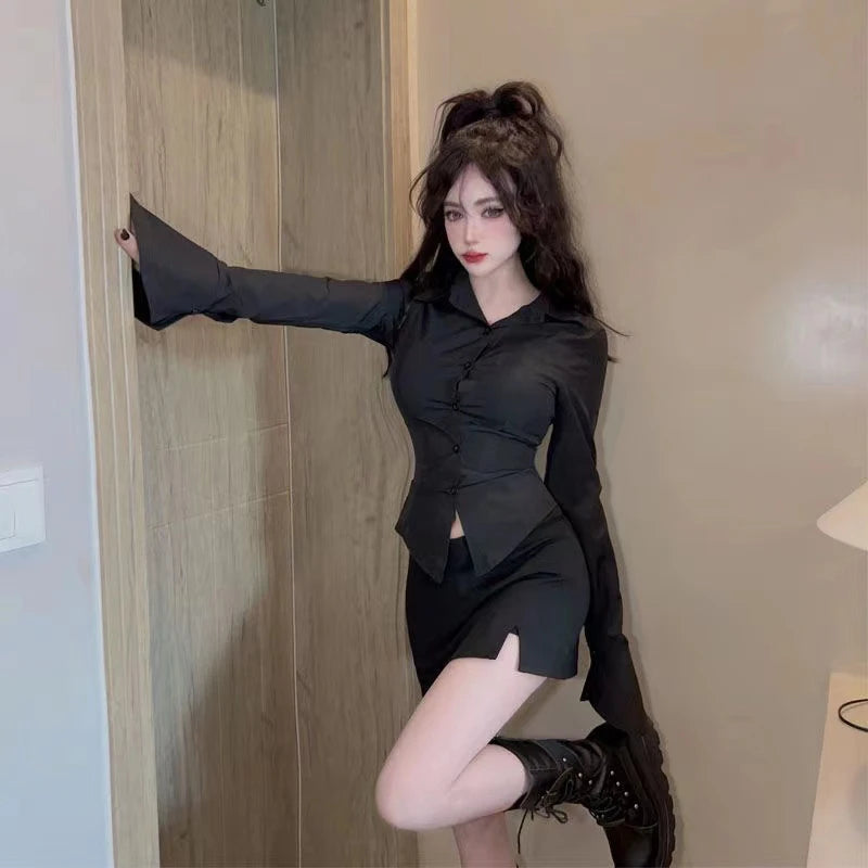 Sexy Slim Bandage Shirts Women Y2K Fashion Lapel Bell Sleeve White Blouses Female Korean Streetwear Spring Buttons Tops New RT220