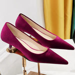 Western Style Fashion Simplicity Party Women Shoes 4.5cm Thin Heels Mid-heels Shallow Pointed Toe Flock Ladies Shoes Wine Red RT220