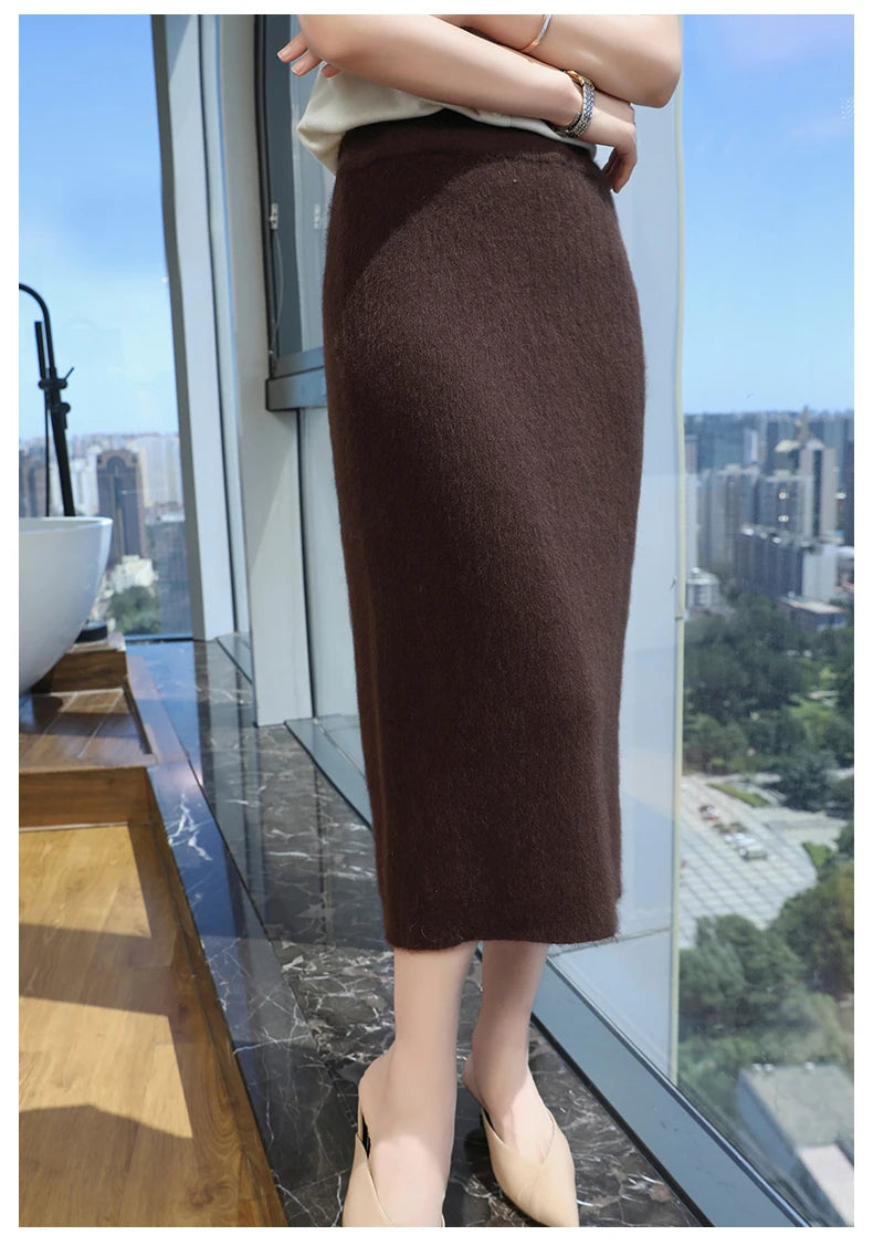 Mink Cashmere Midi Skirt For Women In Autumn And Winter, Mid Length, High Waist, Slimming, Knitted Versatile, Hip Hugging Skirts RT220