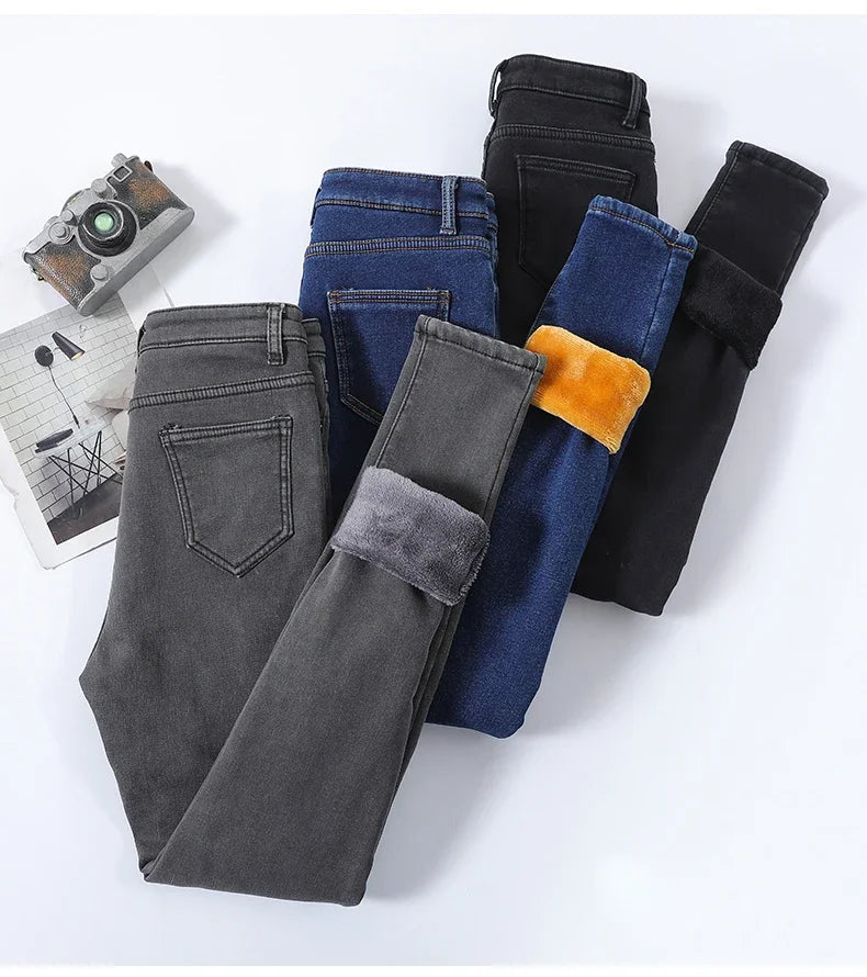 Skinny Women's Warm Jeans Winter Thicken Fleece Stretch High Waist Pencil Pants Fashion Korean Black Blue Gray Velvet Leggings RT220