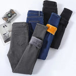 Skinny Women's Warm Jeans Winter Thicken Fleece Stretch High Waist Pencil Pants Fashion Korean Black Blue Gray Velvet Leggings RT220