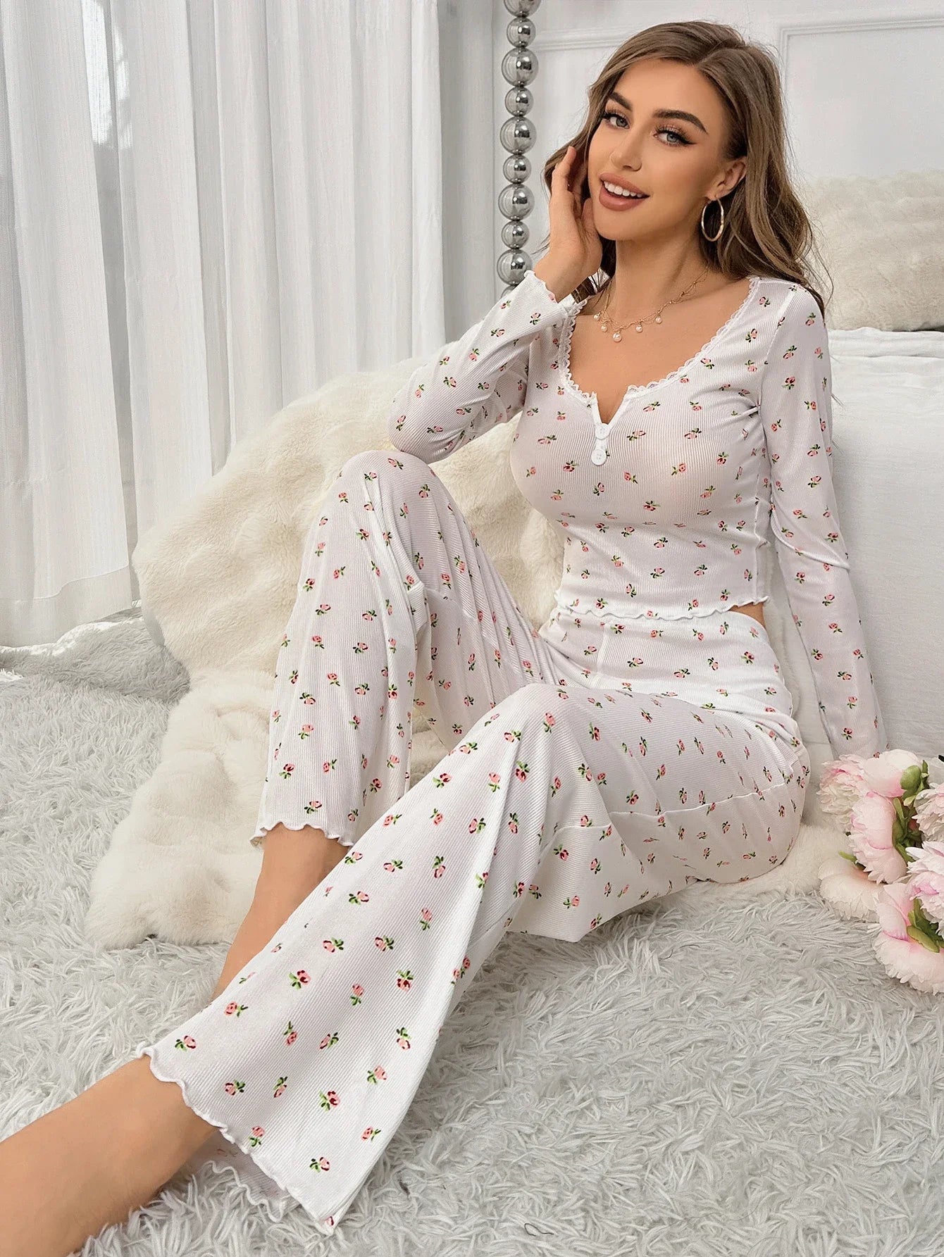 Women's Sleepwear Suit Vintage Floral Print Lettuce Trim Long Sleeve Top and Pant Loungewear Full Sleeve Nightwear Pajamas Set RT220