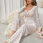 Women's Sleepwear Suit Vintage Floral Print Lettuce Trim Long Sleeve Top and Pant Loungewear Full Sleeve Nightwear Pajamas Set RT220