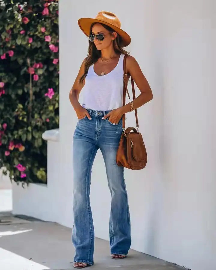 Women Jeans Bleached High Waist Flare Jean Zipper Fly Vintage Washed Loose Fit Denim Full Length Pants Pockets Basics Solid RT220