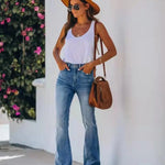 Women Jeans Bleached High Waist Flare Jean Zipper Fly Vintage Washed Loose Fit Denim Full Length Pants Pockets Basics Solid RT220