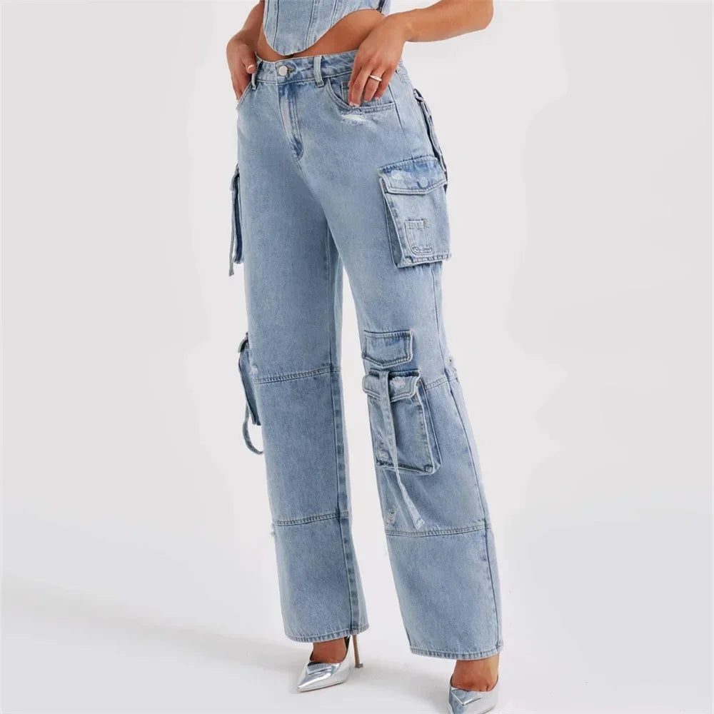 Fashion Multi-pocket Jeans New Baggy Jeans Women Cargo Pants Women High Waist Butt Lifter Loose Straight-leg Pants Tight Stretch RT220