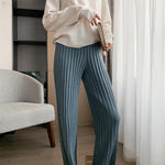 Autumn Winter Casual Thick Knitted Pant Women Long Trousers Elastic High Waist Kniting Wide Leg Pants Striped Pantalon RT220