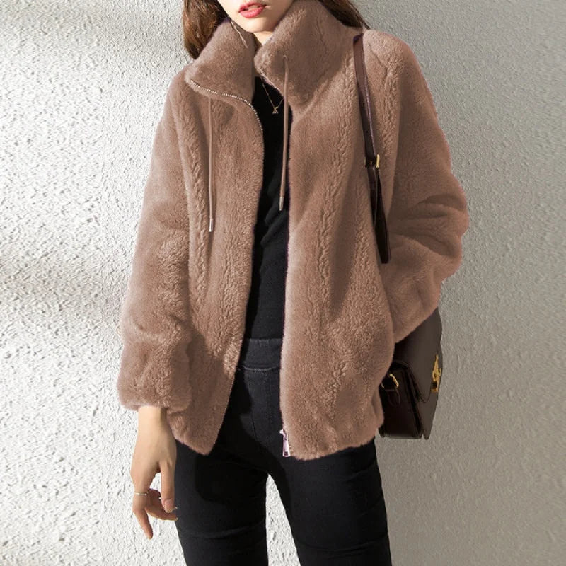Women Autumn Winter Faux Fur Coats Zipper Cardigan Plush Thick Warm Coat Loose Oversized Outerwear Female Coral Fleece Overcoat RT220