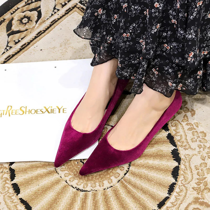 Western Style Fashion Simplicity Party Women Shoes 4.5cm Thin Heels Mid-heels Shallow Pointed Toe Flock Ladies Shoes Wine Red RT220
