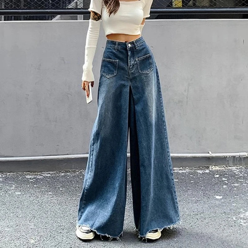 Woman High Waist High Street Wide Leg Jeans Female Loose Designer Pants Girls Fashion Y2k Blue Light Blue Gothic Denim Trousers RT220