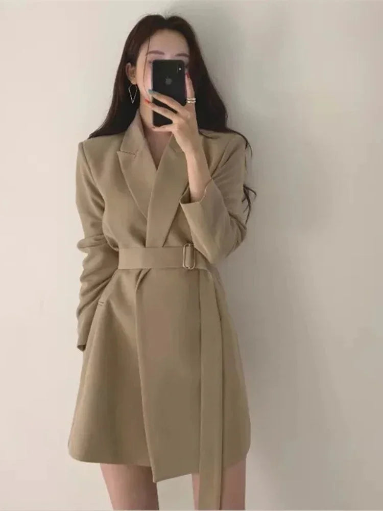 New 2025 Spring Summer Mid-length Small Thin Suit Vintage Belt Korean Fashion Casual Temperament Blazers for Women Clothing RT220
