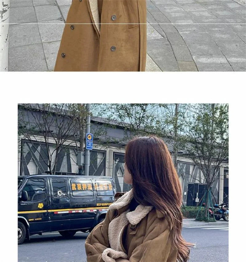 2024 Autumn Winter New Medium Long Double-breasted Lambswool Suede Woolen Coat Women Add Velvet Padded Warm Fur One Woolen Coats RT220