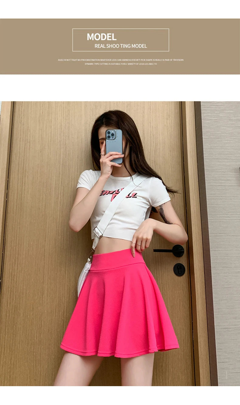 ITOOLIN Women Sweet Solid Color Preppy Skirts Casual Wide Leg High Waist Mini Skirts Women Harajuku Pleated A-line Skirts New RT220