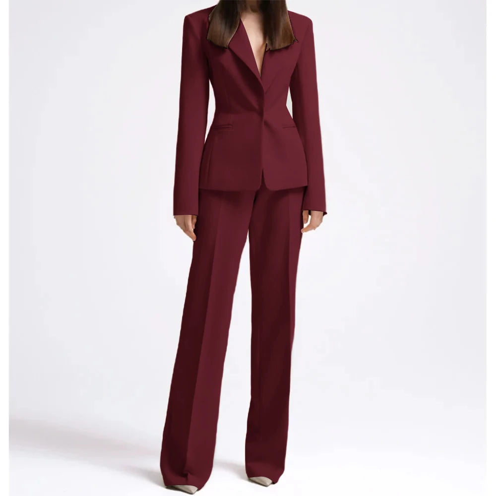 Office Lady Fashion Beige Women Suits One Button Peak Lapel 2 Piece Jacket Pants Slim Fit Smart Causal Conjuntos De Pantalones RT220