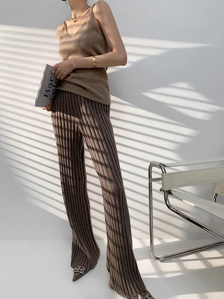 Autumn Winter Casual Thick Knitted Pant Women Long Trousers Elastic High Waist Kniting Wide Leg Pants Striped Pantalon RT220