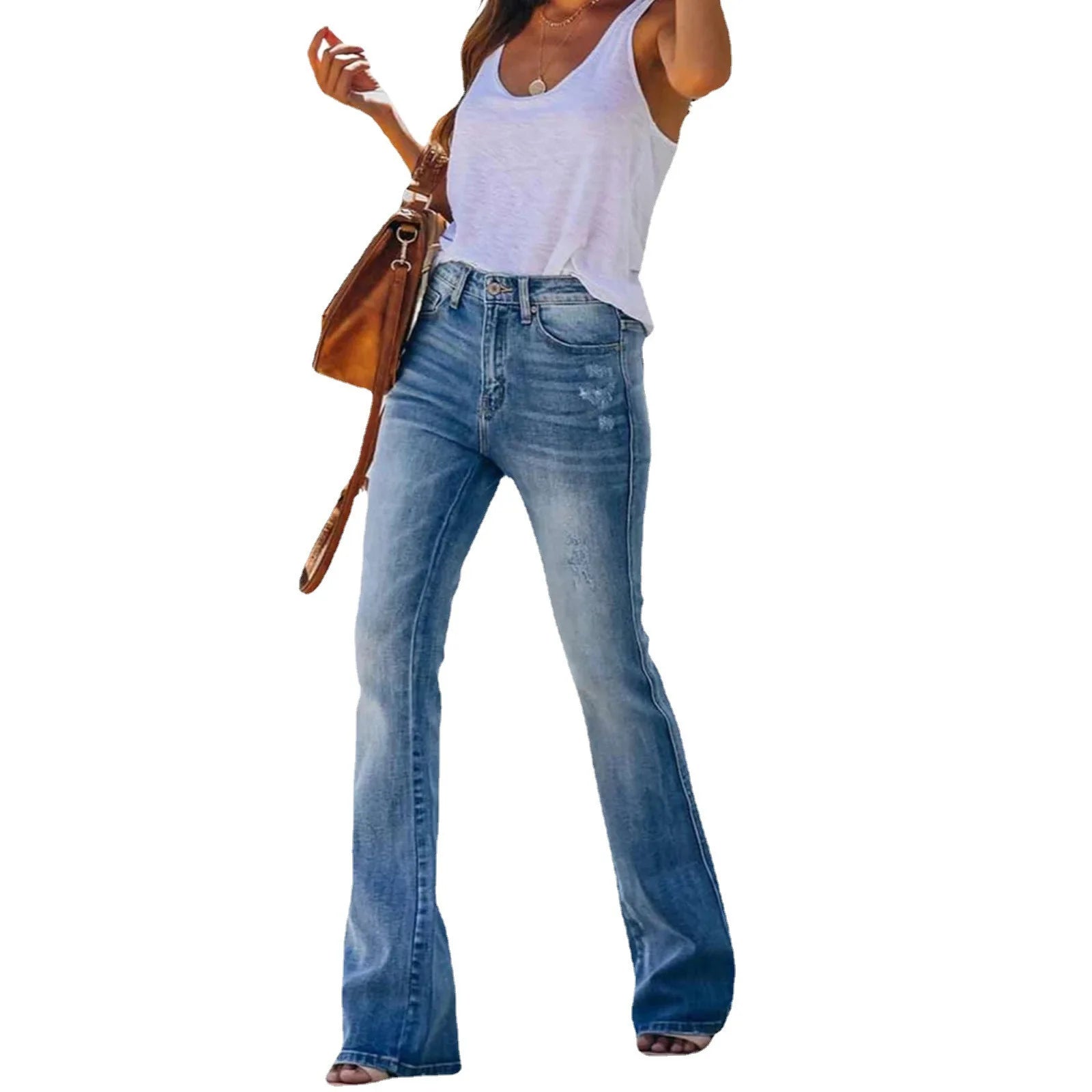 Women Jeans Bleached High Waist Flare Jean Zipper Fly Vintage Washed Loose Fit Denim Full Length Pants Pockets Basics Solid RT220