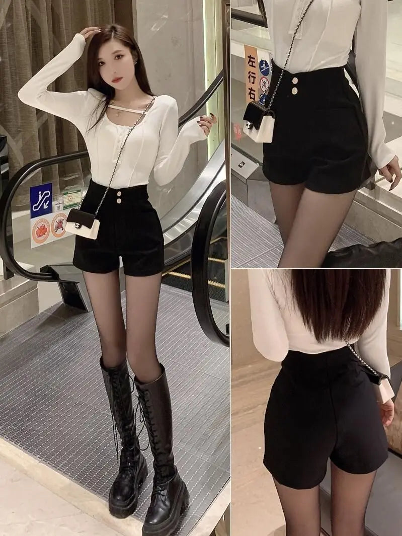 Plus Velvet Thicker Shorts Women Korean Style All-match Sexy Kpop High Waist Autumn Winter Club Streetwear Fashion Solid Buttons RT220