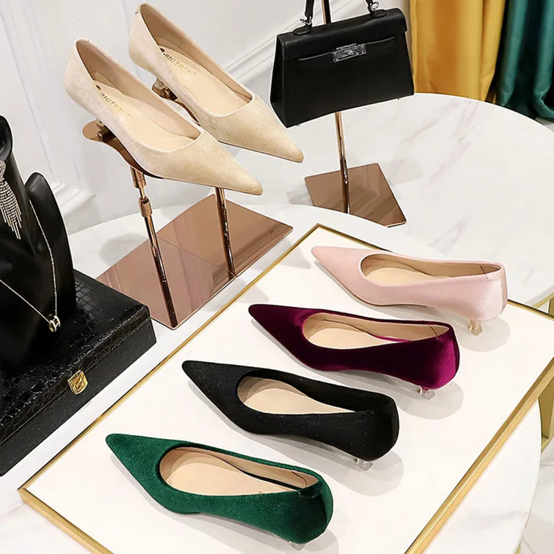 Western Style Fashion Simplicity Party Women Shoes 4.5cm Thin Heels Mid-heels Shallow Pointed Toe Flock Ladies Shoes Wine Red RT220