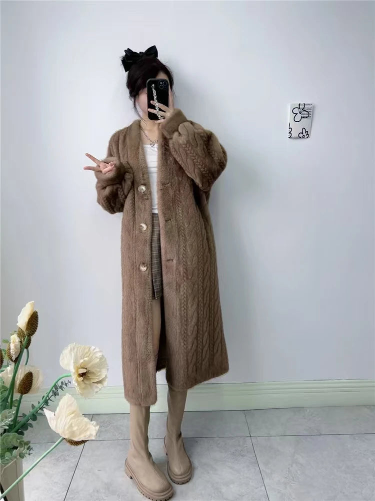 Women Fur Cardigan Thickened Long2025Spring And Autumn V-neck Jacket Female Loose Simple Leisure With Buttons Faux Fur Mink Coat RT220