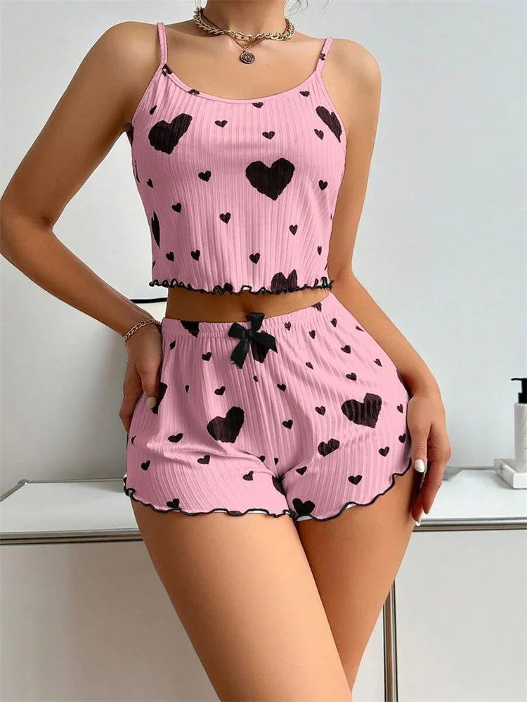 Sexy Girl Pajama Sets Love Heart Print Cami Top+Shorts Leisure Stripe Pyjamas Women Home Clothes Summer Sleeveless Sleepwear RT220