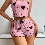 Sexy Girl Pajama Sets Love Heart Print Cami Top+Shorts Leisure Stripe Pyjamas Women Home Clothes Summer Sleeveless Sleepwear RT220