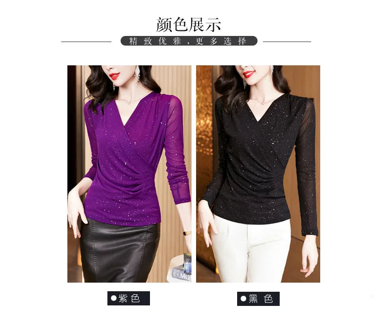 New Spring Women's T-Shirt Cross V-Neck Solid Color Bright Powder Slim Long-Sleeved Mesh Tops Elastic Bottoming Shirt RT220