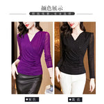 New Spring Women's T-Shirt Cross V-Neck Solid Color Bright Powder Slim Long-Sleeved Mesh Tops Elastic Bottoming Shirt RT220