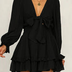 Sexy Cascading Ruffles Women Long Sleeve Mini Dress Deep V-Neck Lace-Up Casual Ladies Party Dress Sweet Streetwear Dropshipping RT220