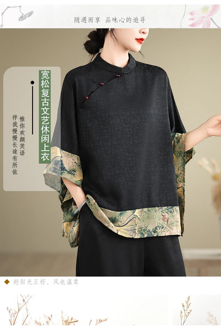 Oversized Summer Pullover T-Shirt Tops Women Print Patchwork Fashion Casual Loose Pleated Ladies Blouses Short Sleeve Woman Tops RT220