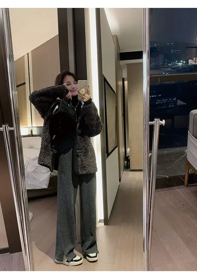 Women Pants Autumn Winter Thickening High Waisted Wool Wide Leg Pants Women Fashion Chevron Lengthening Leg Opening Floor Length RT220