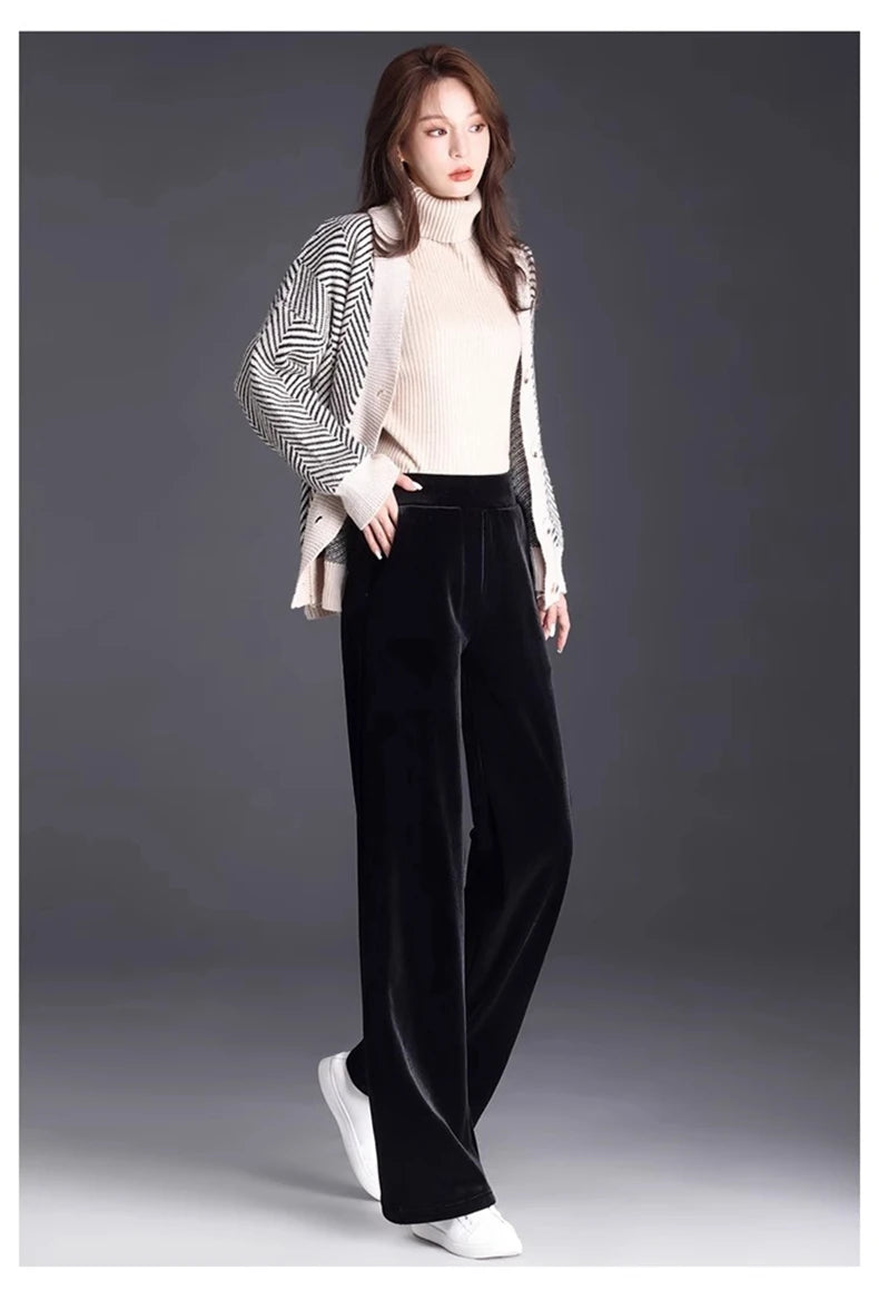 Golden Velvet Wide Legged Pants 2024 Spring and Autumn High Waist Hanging Good Casual Pants Blue Loose Straight Women's Pants6XL RT220