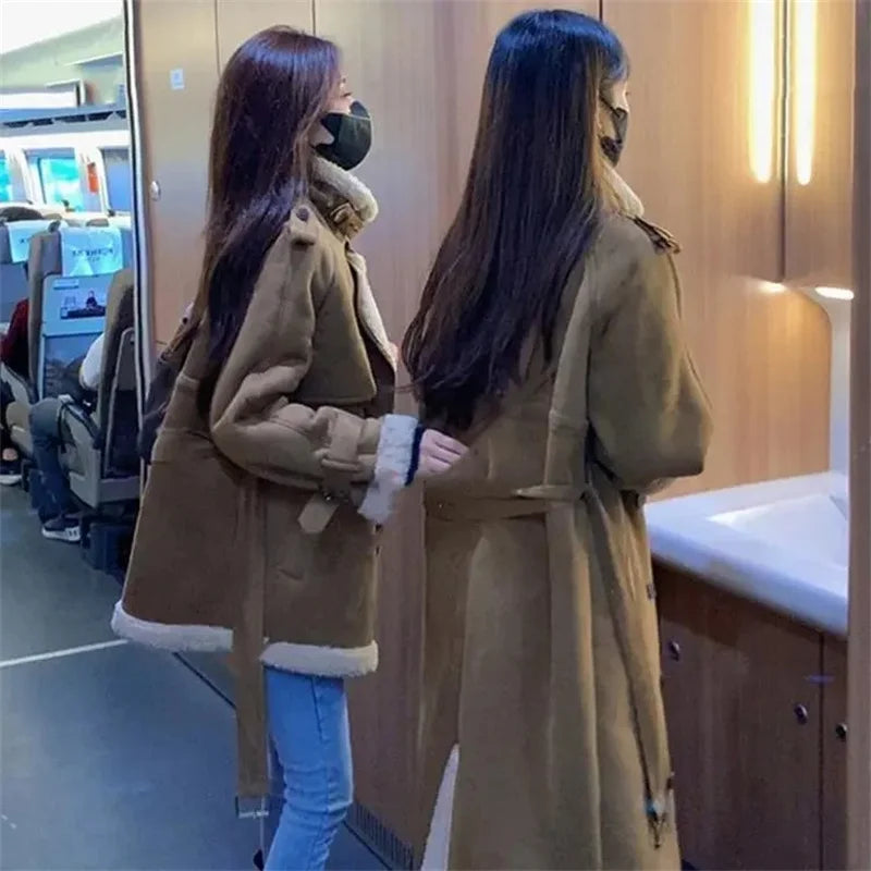 2024 Autumn Winter New Medium Long Double-breasted Lambswool Suede Woolen Coat Women Add Velvet Padded Warm Fur One Woolen Coats RT220