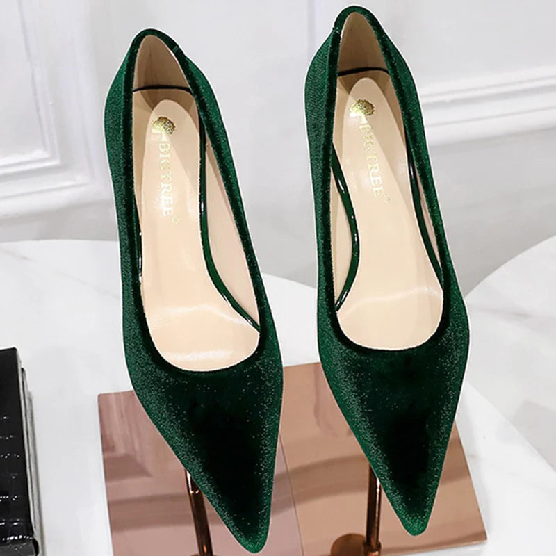 Western Style Fashion Simplicity Party Women Shoes 4.5cm Thin Heels Mid-heels Shallow Pointed Toe Flock Ladies Shoes Wine Red RT220