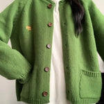 Autumn Winter Women Green Sweaters Coats O-Neck Pockets Embroid Button Fashion Sweet Lazy Wind Long Sleeve Cardigan Knit Tops RT220
