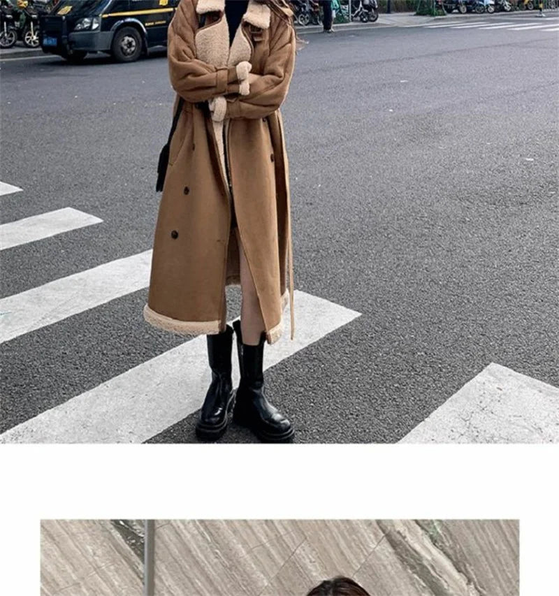2024 Autumn Winter New Medium Long Double-breasted Lambswool Suede Woolen Coat Women Add Velvet Padded Warm Fur One Woolen Coats RT220