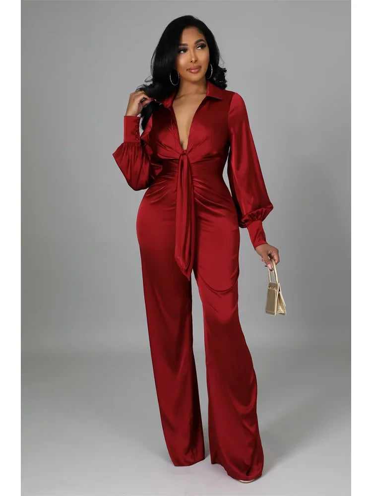 Sexy Women Satin Jumpsuit Long Sleeve Autumn Office Lady Turn Down Collar Solid Vintage Lantern Sleeve Fashion Romper Jumpsuit RT220
