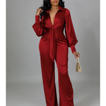 Sexy Women Satin Jumpsuit Long Sleeve Autumn Office Lady Turn Down Collar Solid Vintage Lantern Sleeve Fashion Romper Jumpsuit RT220