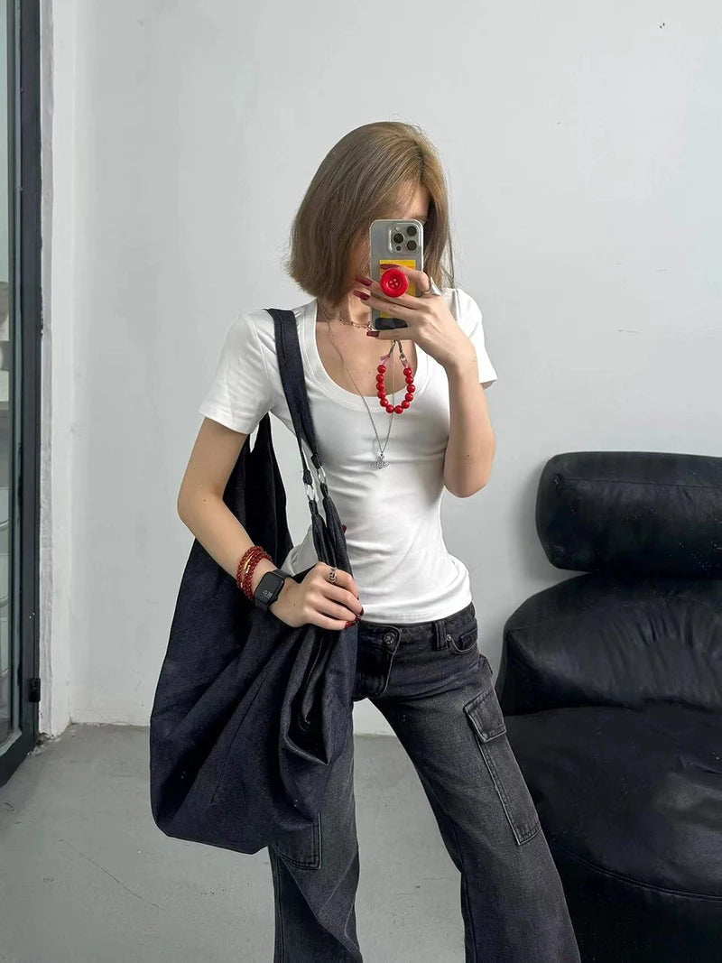 Streetwear Vintage Black Jeans Women American Y2K Slim High Waist Flare Denim Pants Female Casual Multiple Pockets Denim Trouser RT220