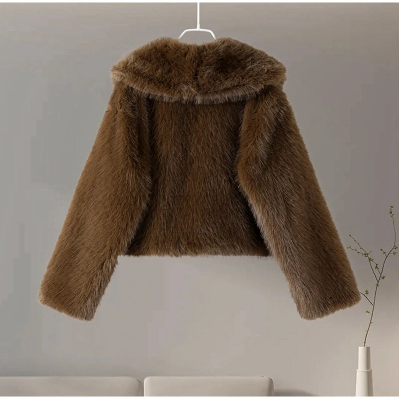 Luxury Lapel Faux Fur Short Coat For Women Casual Fluffy Full Sleeve Warm Female Jacket Autumn Winter Lady Commuter Outerwears﻿ RT220