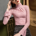 Women Paisley Flower Lace Shirt S-2XL Stretch Turtleneck Bell Sleeve Blouse Tops Pink Blue Coffee Green Fashion Ladies Blouses RT220