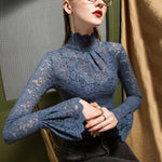 Women Paisley Flower Lace Shirt S-2XL Stretch Turtleneck Bell Sleeve Blouse Tops Pink Blue Coffee Green Fashion Ladies Blouses RT220