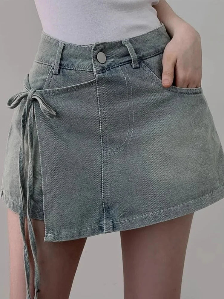 DFCF 2025 Spring Summe Jeans Streetwear Vintage Irregular Laced Up short Jeans Women Y2k Korean Fashion High Waist Straight Pant RT220