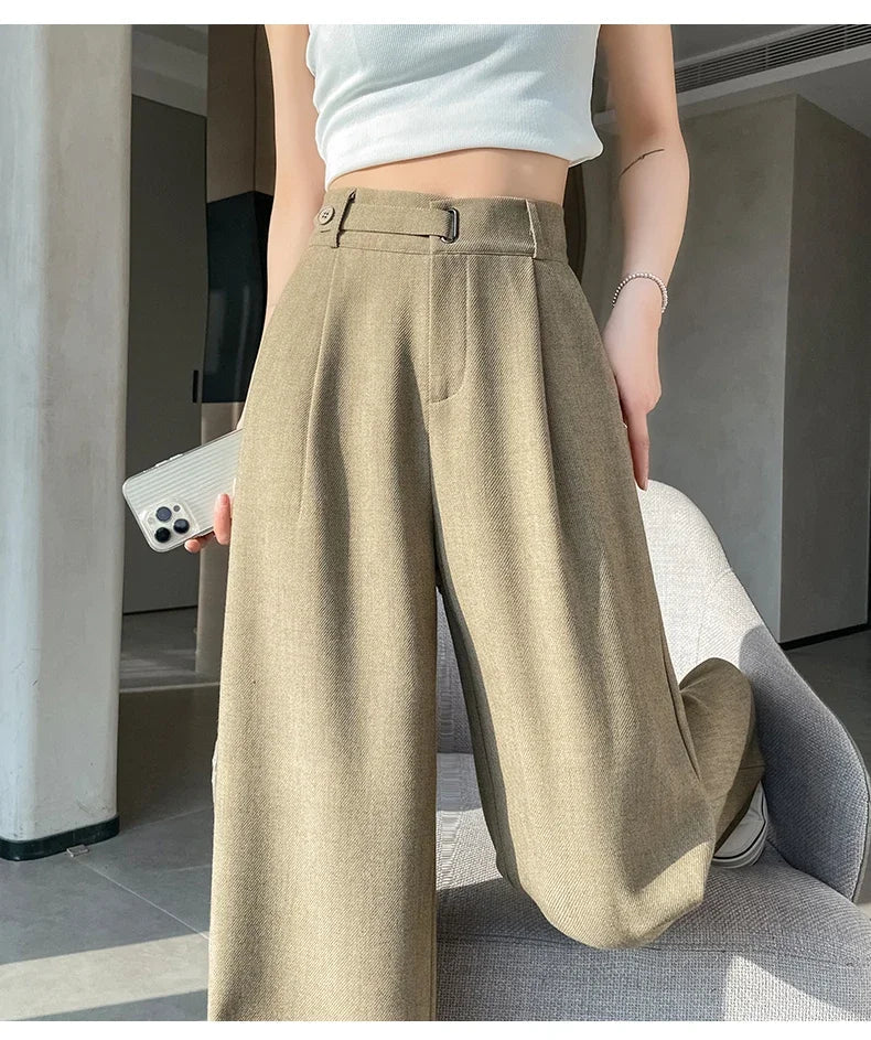 Seoulish Spring Summer Elegant Button Women's Wide Leg Pants 2025 New High Waist Solid Casual Loose Straight Trousers for Womens RT220