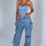 Fashion Multi-pocket Jeans New Baggy Jeans Women Cargo Pants Women High Waist Butt Lifter Loose Straight-leg Pants Tight Stretch RT220