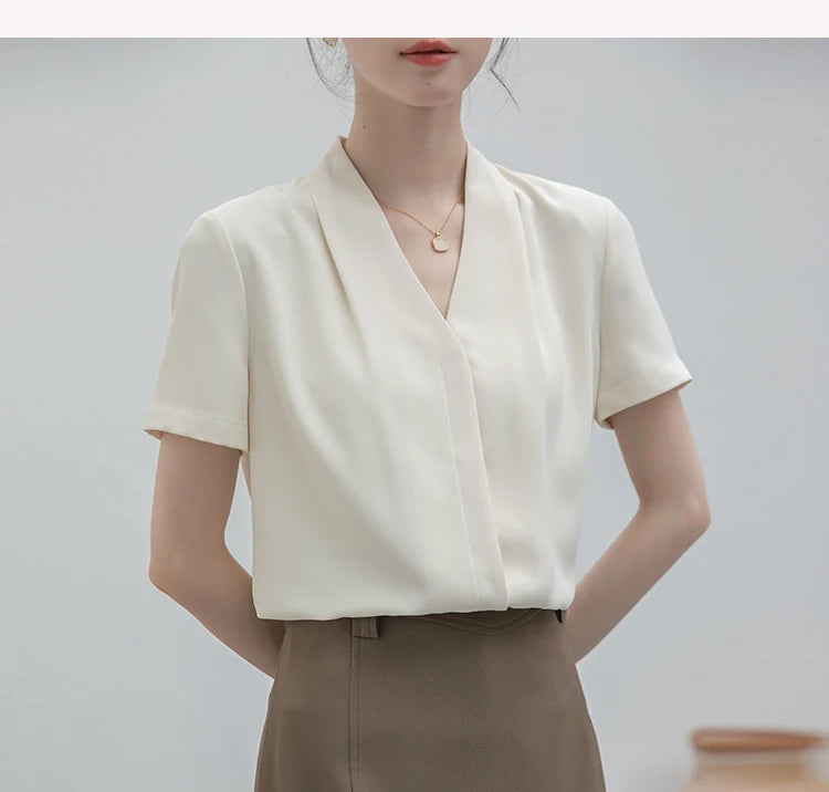 2025 Fashion Summer Short Sleeve V-Neck Women Blouse White Blouse Shirt Women Tops Blouses Shirts Blusas Para Mujer Camisas XL86 RT220